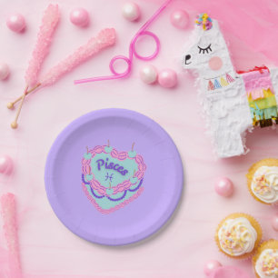 Pisces Zodiac Pastel Heart Birthday Cake Paper Plate