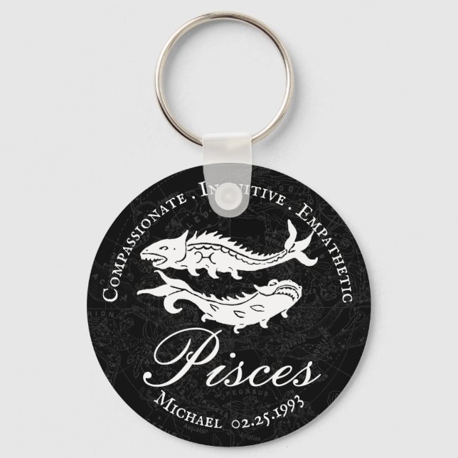 Pisces Zodiac Positive Characteristic Black Custom Key Ring (Front)
