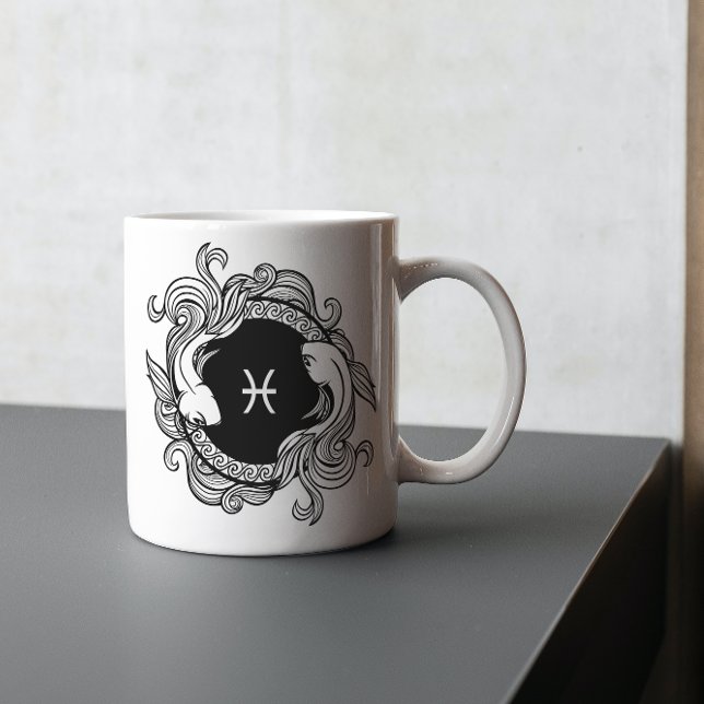 Pisces Zodiac Sign Basic Minimalist Retro Black  Coffee Mug (Creator Uploaded)