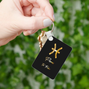 Pisces Zodiac Sign, Black & Gold Keychain
