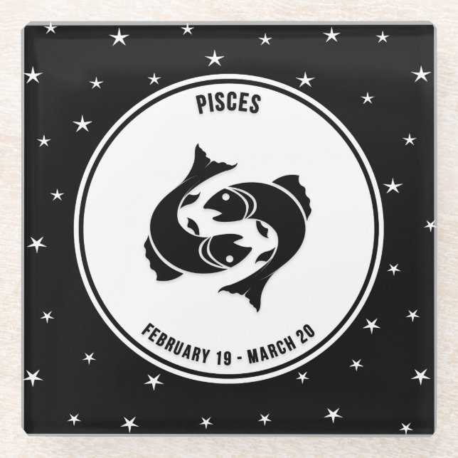 Pisces Zodiac Sign, Black & White Glass Coaster (Front)