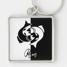 Pisces Zodiac Sign, Black & White Keychain