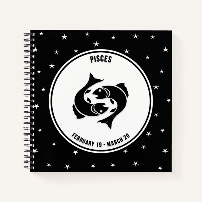 Pisces Zodiac Sign, Black & White Notebook (Front)