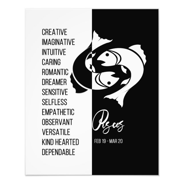 Pisces Zodiac Sign, Black & White Poster (Front)