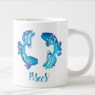 Pisces zodiac sign bright light blue glitter fish large coffee mug