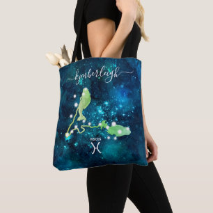 Pisces Zodiac Sign Cosmic Monogram Name Teal Blue Tote Bag