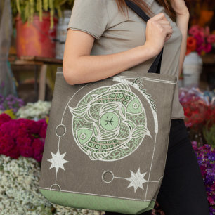 Pisces Zodiac Sign Green and Gray Mandala Tote Bag