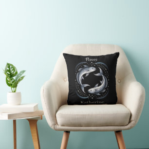 Pisces Zodiac Sign Illustration with Custom Name Cushion