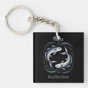 Pisces Zodiac Sign Illustration with Custom Name Key Ring