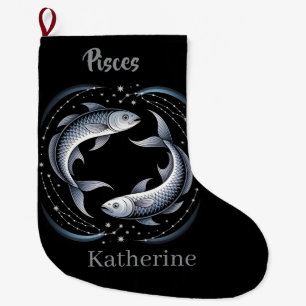 Pisces Zodiac Sign Illustration with Custom Name Large Christmas Stocking