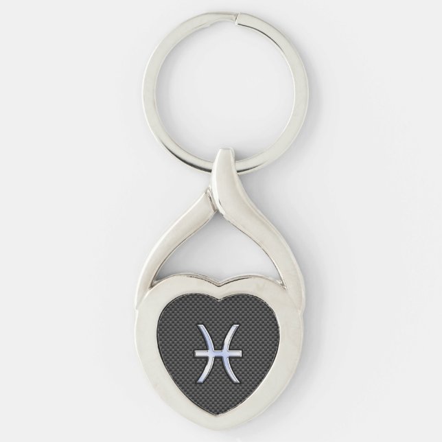 Pisces Zodiac Sign in Carbon Fibre Style Key Ring (Front)
