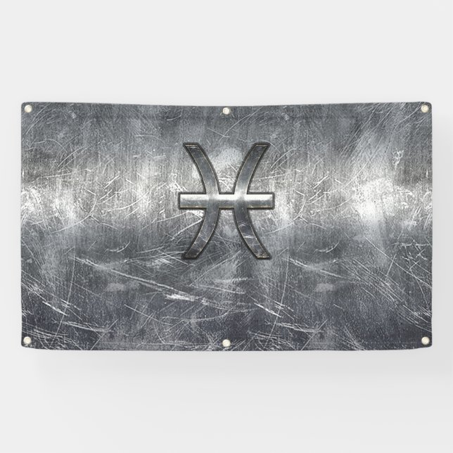 Pisces Zodiac Sign in Grunge Silver Steel Style (Horizontal)