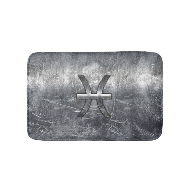 Pisces Zodiac Sign in Grunge Silver Steel Style Bath Mat (Front)