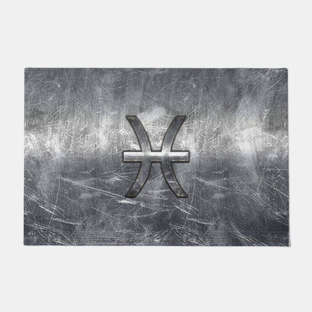 Pisces Zodiac Sign in Grunge Silver Steel Style Doormat (Front)