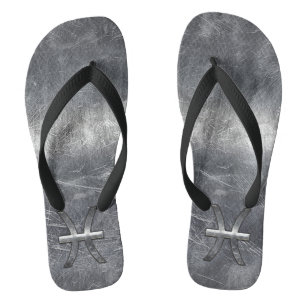 Pisces Zodiac Sign in Grunge Silver Steel Style Flip Flops