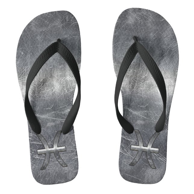 Pisces Zodiac Sign in Grunge Silver Steel Style Flip Flops (Footbed)
