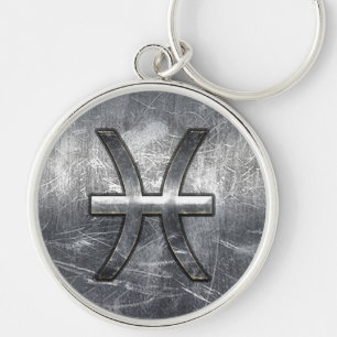 Pisces Zodiac Sign in grunge steel style decor Key Ring