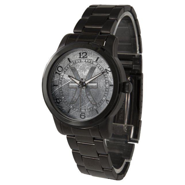Pisces Zodiac Sign in grunge steel style dial Watch (Angled)