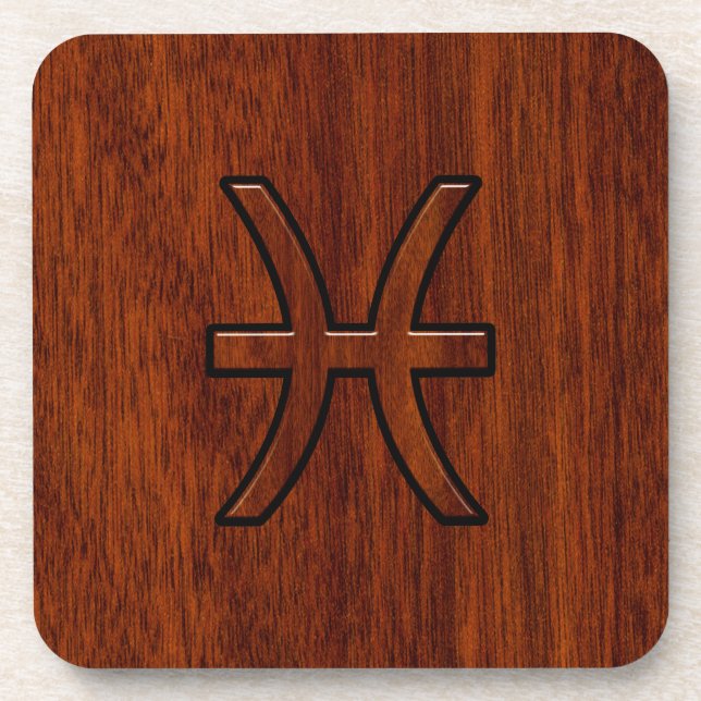 Pisces Zodiac Sign in Mahogany wood style Coaster (Front)