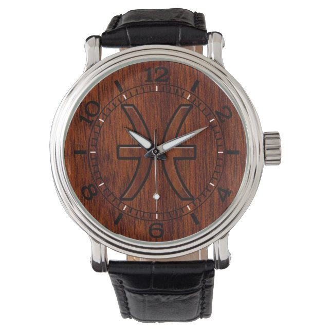 Pisces Zodiac Sign in Mahogany wood style Dial Watch (Front)