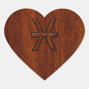 Pisces Zodiac Sign in Mahogany Wood Style Heart Sticker