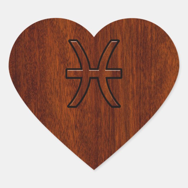 Pisces Zodiac Sign in Mahogany Wood Style Heart Sticker (Front)