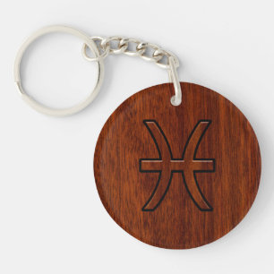 Pisces Zodiac Sign in Mahogany wood style Key Ring