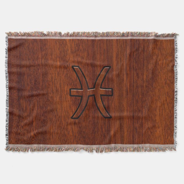 Pisces Zodiac Sign in Mahogany Wood Style Throw Blanket (Front)
