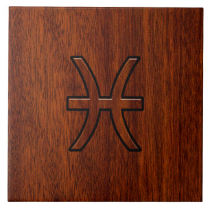 Pisces Zodiac Sign in Mahogany wood style Tile