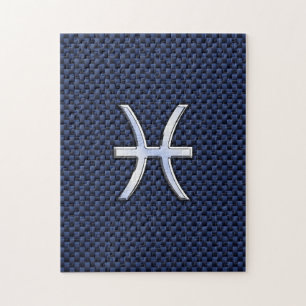 Pisces Zodiac Sign on Blue Carbon Fibre Print Jigsaw Puzzle