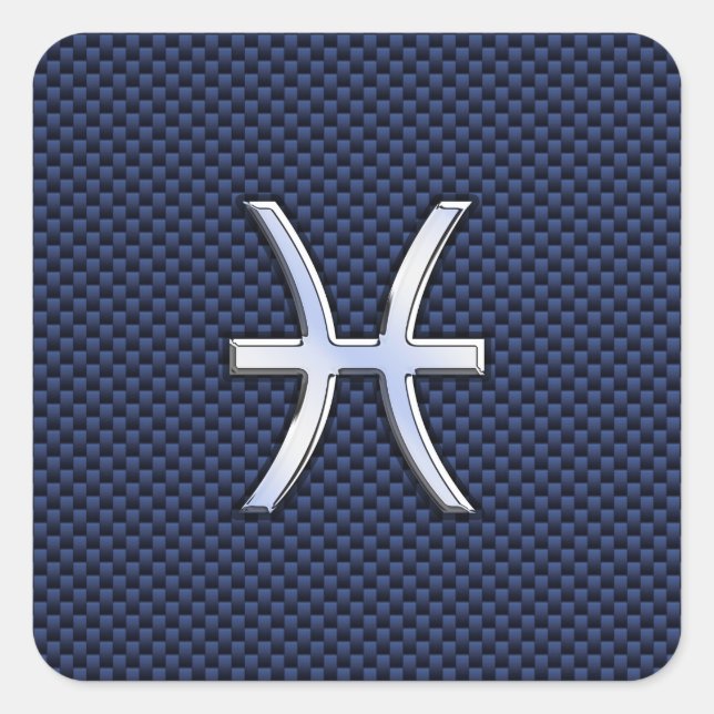 Pisces Zodiac Sign on Blue Carbon Fibre Print Square Sticker (Front)