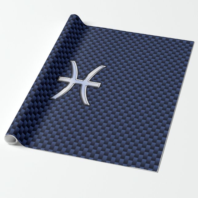 Pisces Zodiac Sign on Blue Carbon Fibre Print Wrapping Paper (Unrolled)