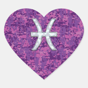 Pisces Zodiac Sign on Fuchsia Digital Camo Heart Sticker