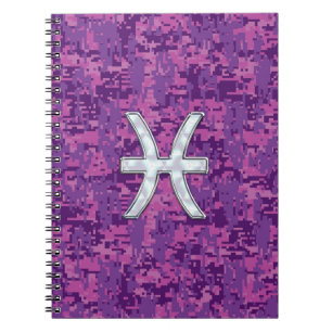 Pisces Zodiac Sign on Fuchsia Digital Camo Notebook