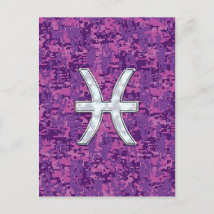 Pisces Zodiac Sign on Fuchsia Digital Camo Postcard