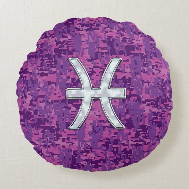 Pisces Zodiac Sign on Fuchsia Digital Camo Round Cushion (Front)
