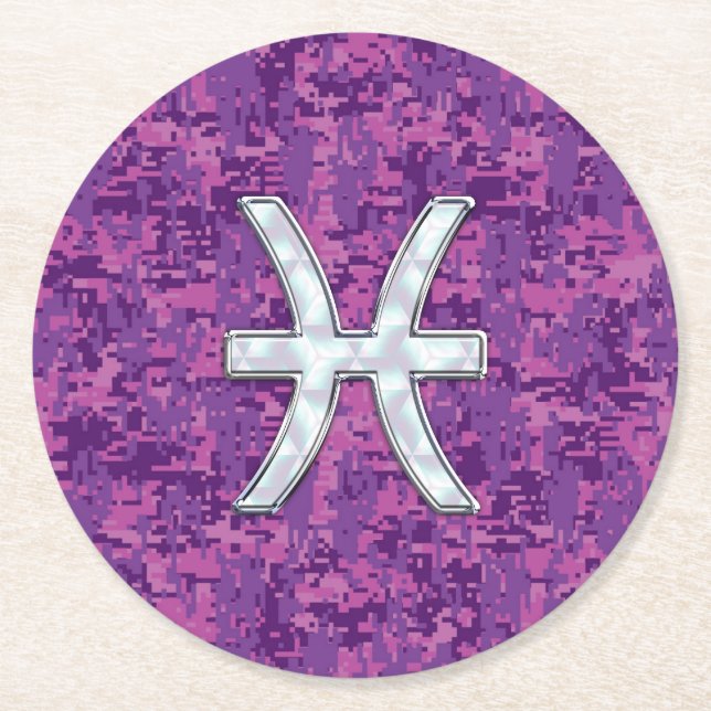 Pisces Zodiac Sign on Fuchsia Digital Camo Round Paper Coaster (Front)
