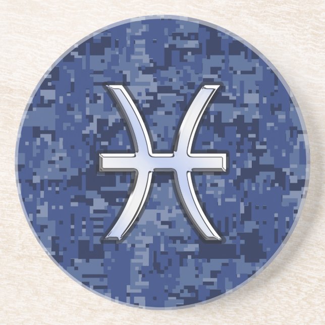 Pisces Zodiac Sign on Navy Blue Digital Camo Decor Coaster (Front)