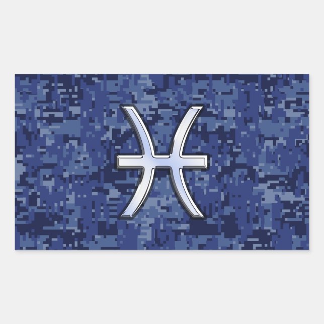 Pisces Zodiac Sign on Navy Blue Digital Camo Decor Rectangular Sticker (Front)