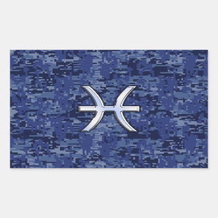 Pisces Zodiac Sign on Navy Blue Digital Camo Decor Rectangular Sticker