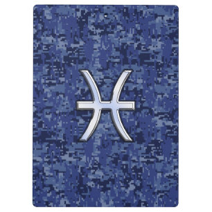 Pisces Zodiac Sign on Navy Blue Digital Camouflage Clipboard