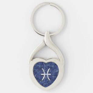 Pisces Zodiac Sign on Navy Blue Digital Camouflage Key Ring