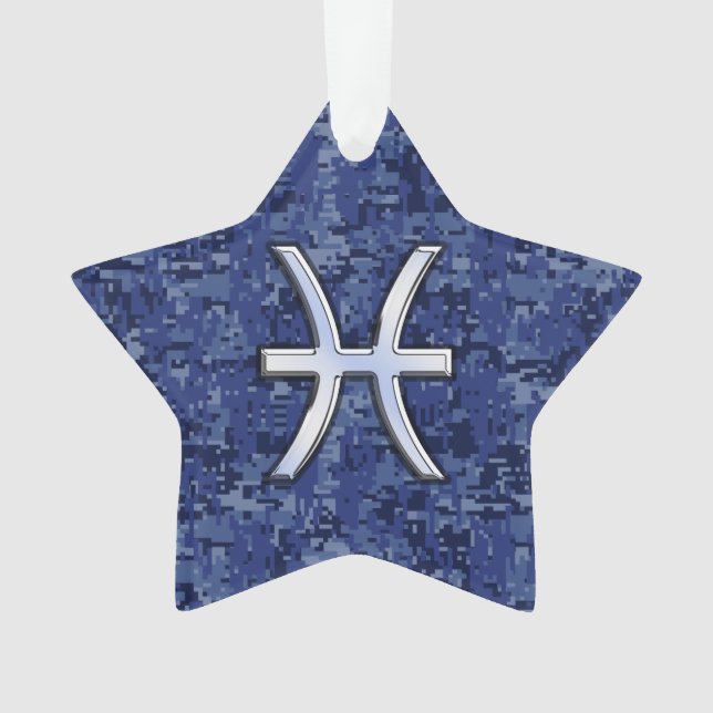 Pisces Zodiac Sign on Navy Blue Digital Camouflage Ornament (Front)