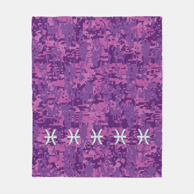 Pisces Zodiac Sign on Pink Digital Camo Fleece Blanket (Front)