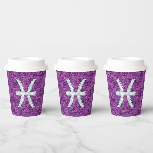Pisces Zodiac Sign on Pink Digital Camo Paper Cups (Multi)