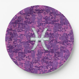 Pisces Zodiac Sign on Pink Digital Camo Paper Plate