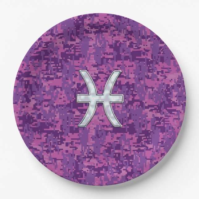 Pisces Zodiac Sign on Pink Digital Camo Paper Plate (Front)