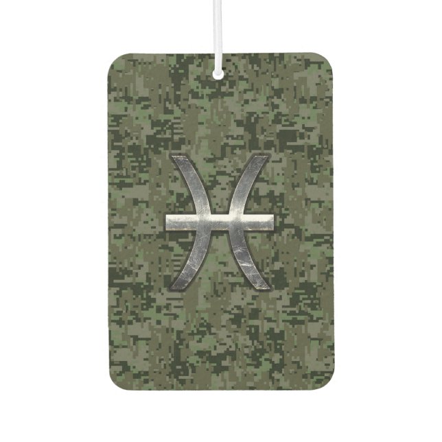 Pisces Zodiac Sign on Woodland Digital Camo Car Air Freshener (Front)