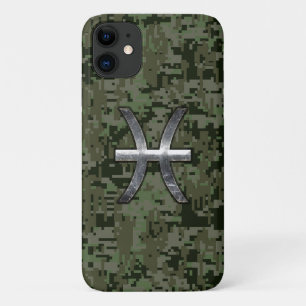 Pisces Zodiac Sign on Woodland Digital Camo Decor iPhone 11 Case