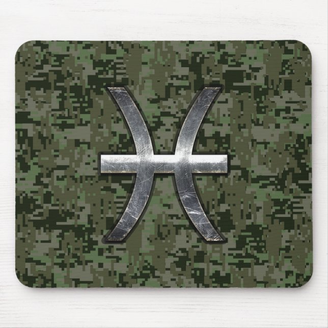 Pisces Zodiac Sign on Woodland Digital Camo Decor Mouse Mat (Front)